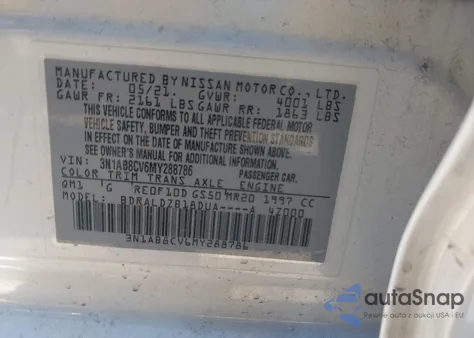 2021 Nissan Sentra Sv Xtronic Cvt из США, поврежденный, VIN 3N1AB8CV6MY288786